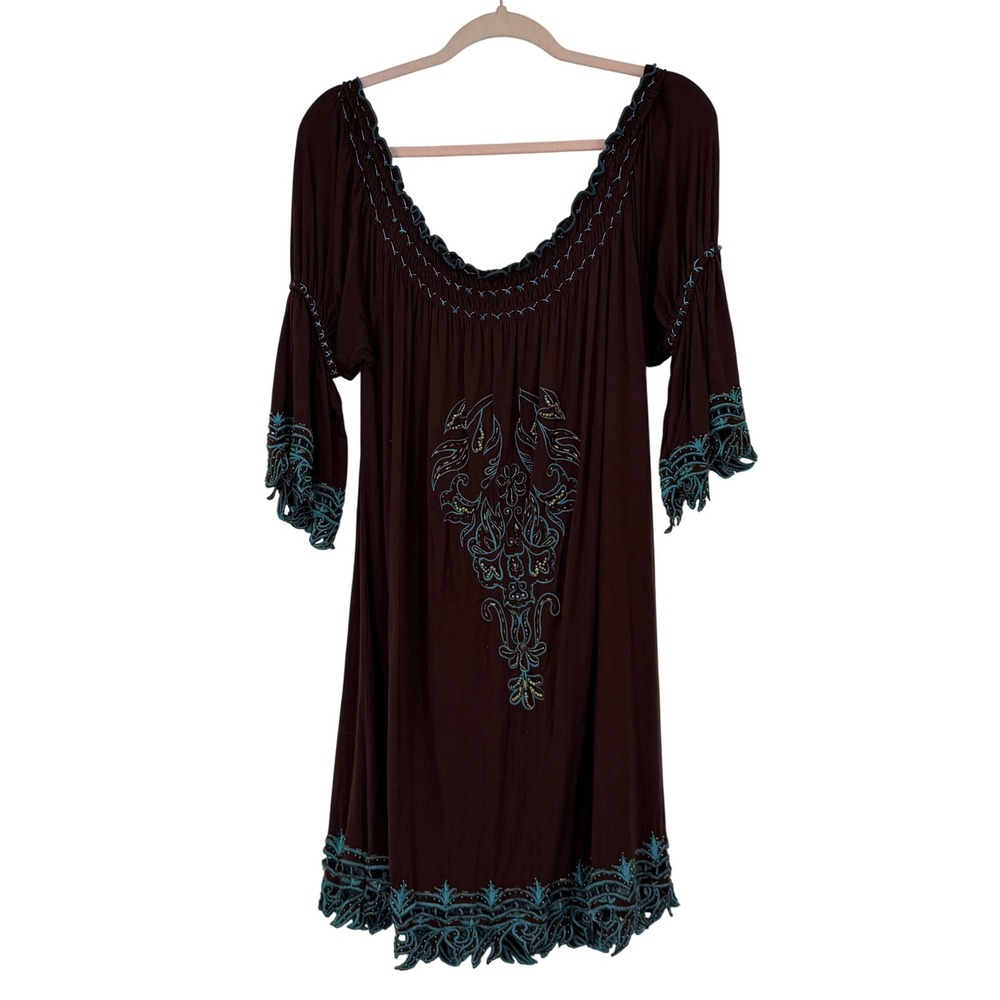 Urban Mango Brown Cotton‎ Embroidered Beaded Peasant Dress Teal Accents Large